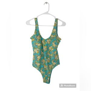 WallFlower blue and yellow one piece floral bathing suit.
